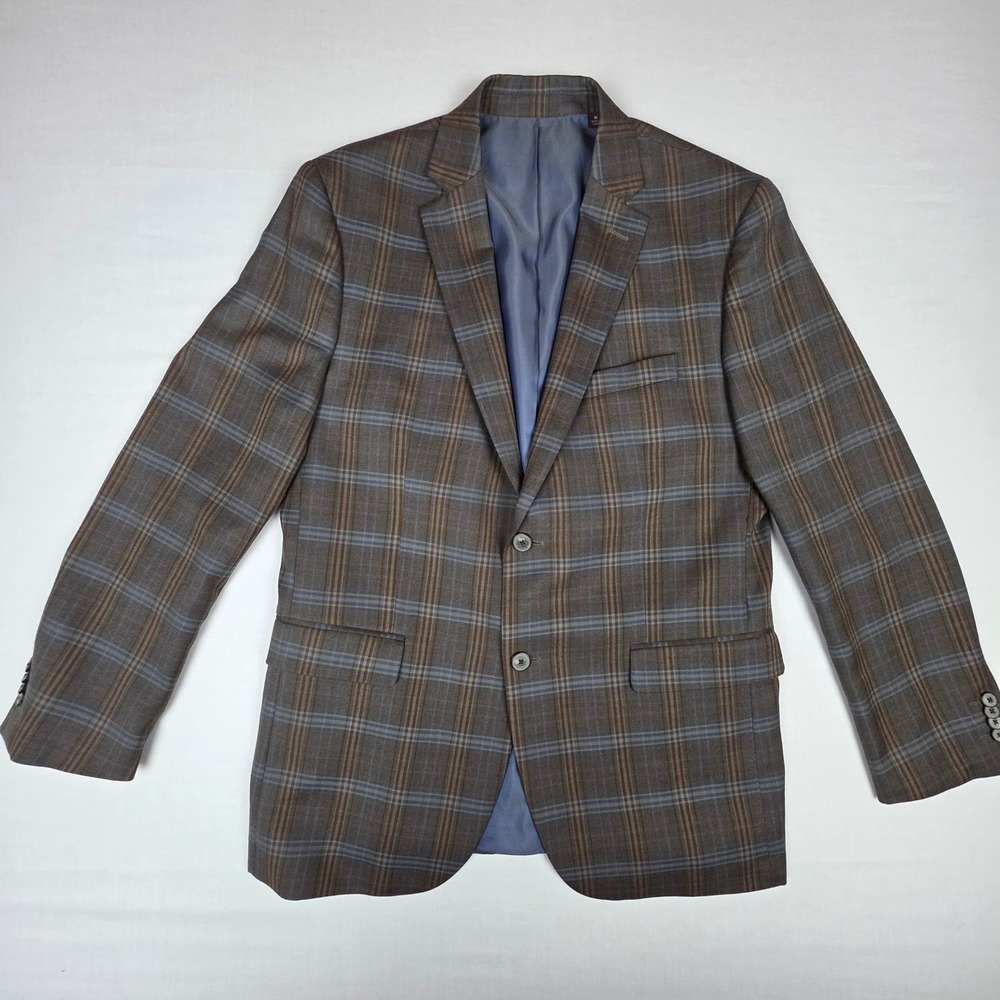 Johnston & Murphy Plaid Two-Button Blazer Sport Coat Mens M Brown Blue 100% Wool